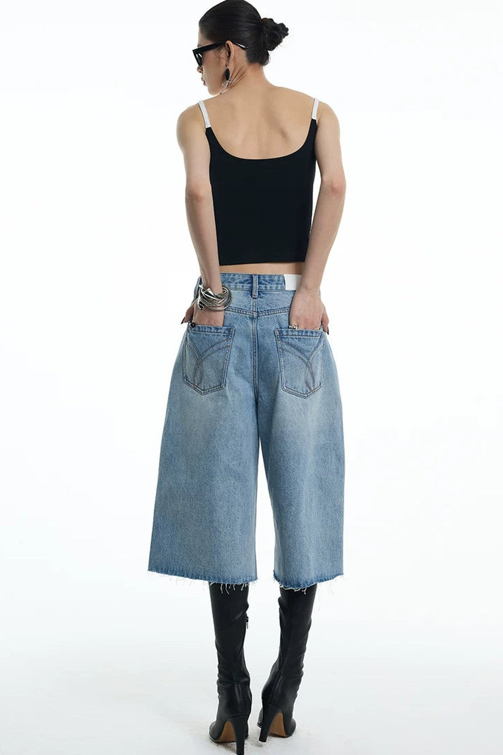 Embroidered Denim Mid-Length Pants