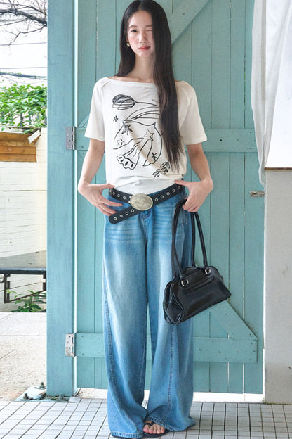 Bird And Tulip Print One-Shoulder Tencel T-Shirt