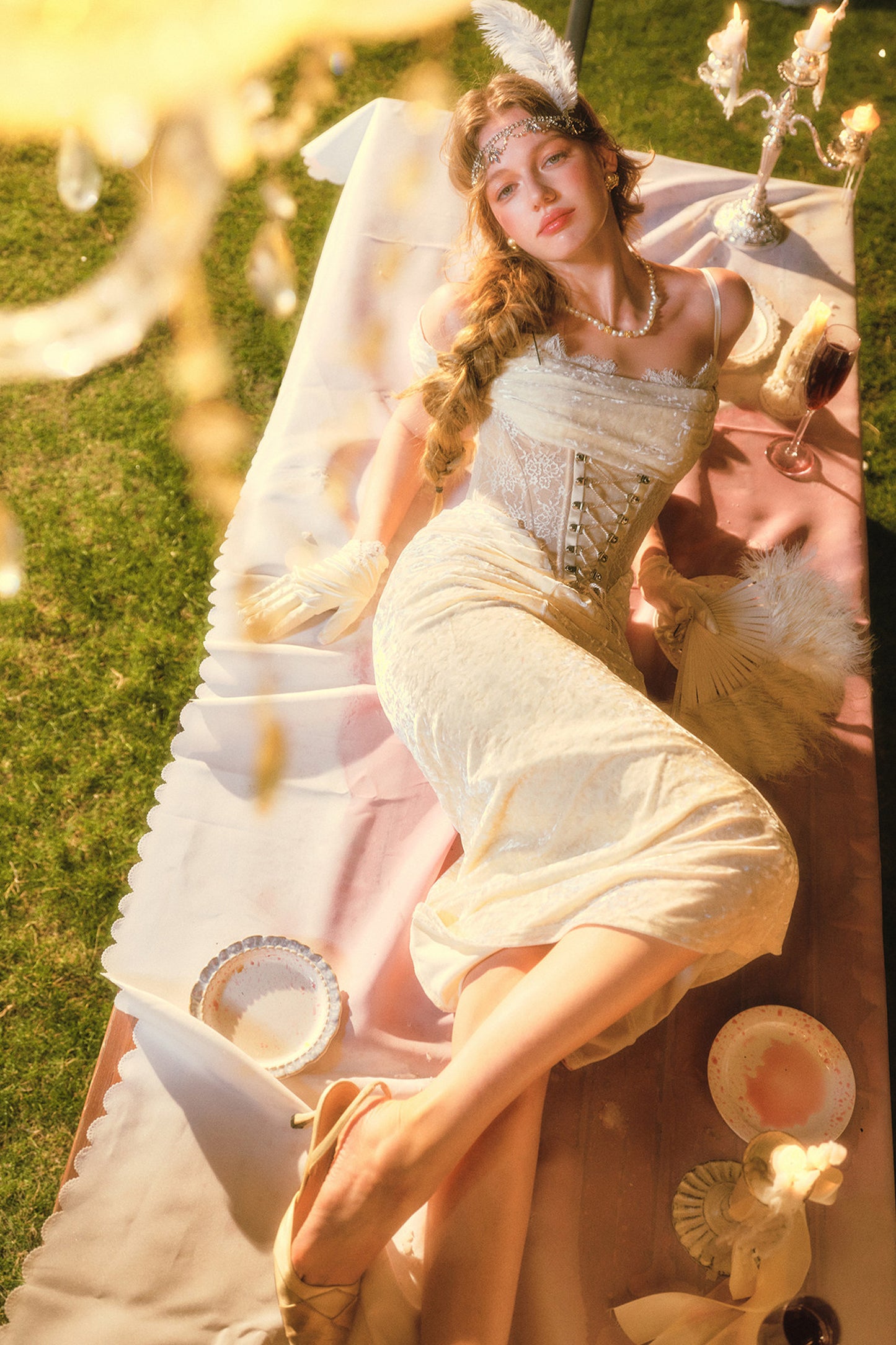 White Velvet Fishbone Corset Dress