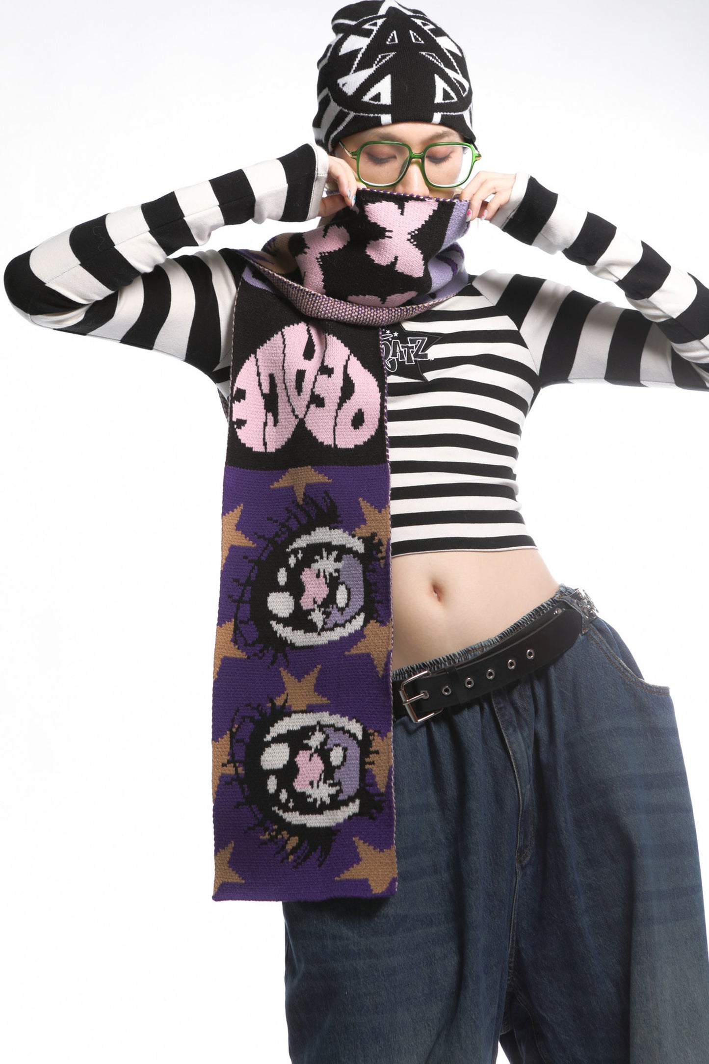 Comic Eye Knitted Long Scarf Set-Up