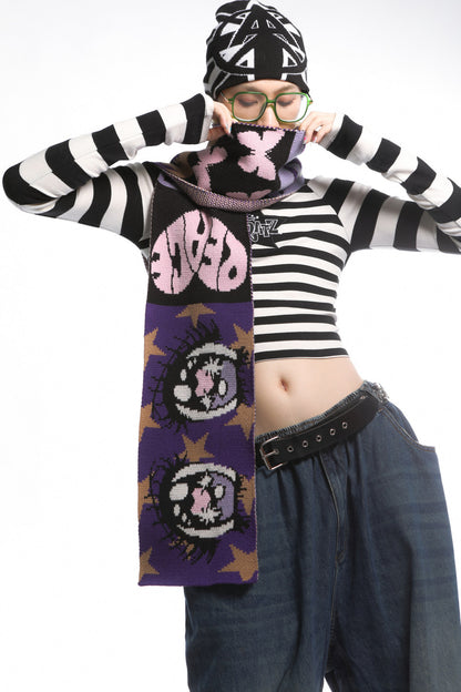 Comic Eye Knitted Long Scarf Set-Up