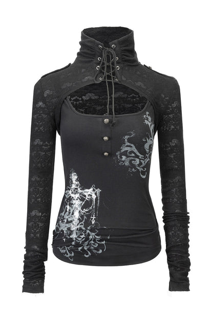 Tie-Neck Silver-Printed Long-Sleeve Top