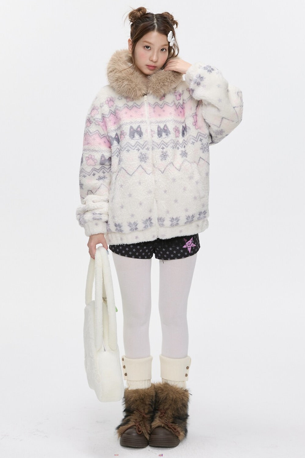 Beige Lamb Wool Fur Collar Jacket