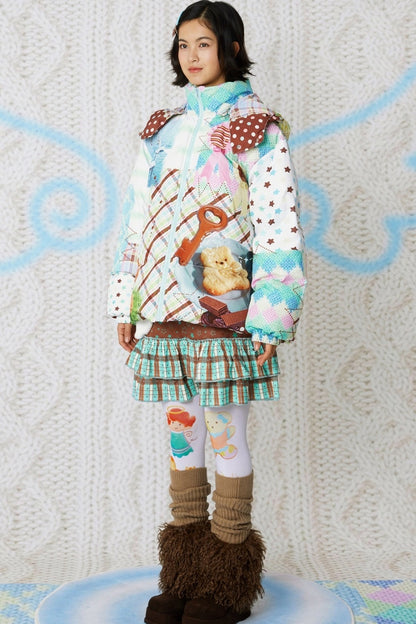 Loose Patchwork Print Hooded Jacket