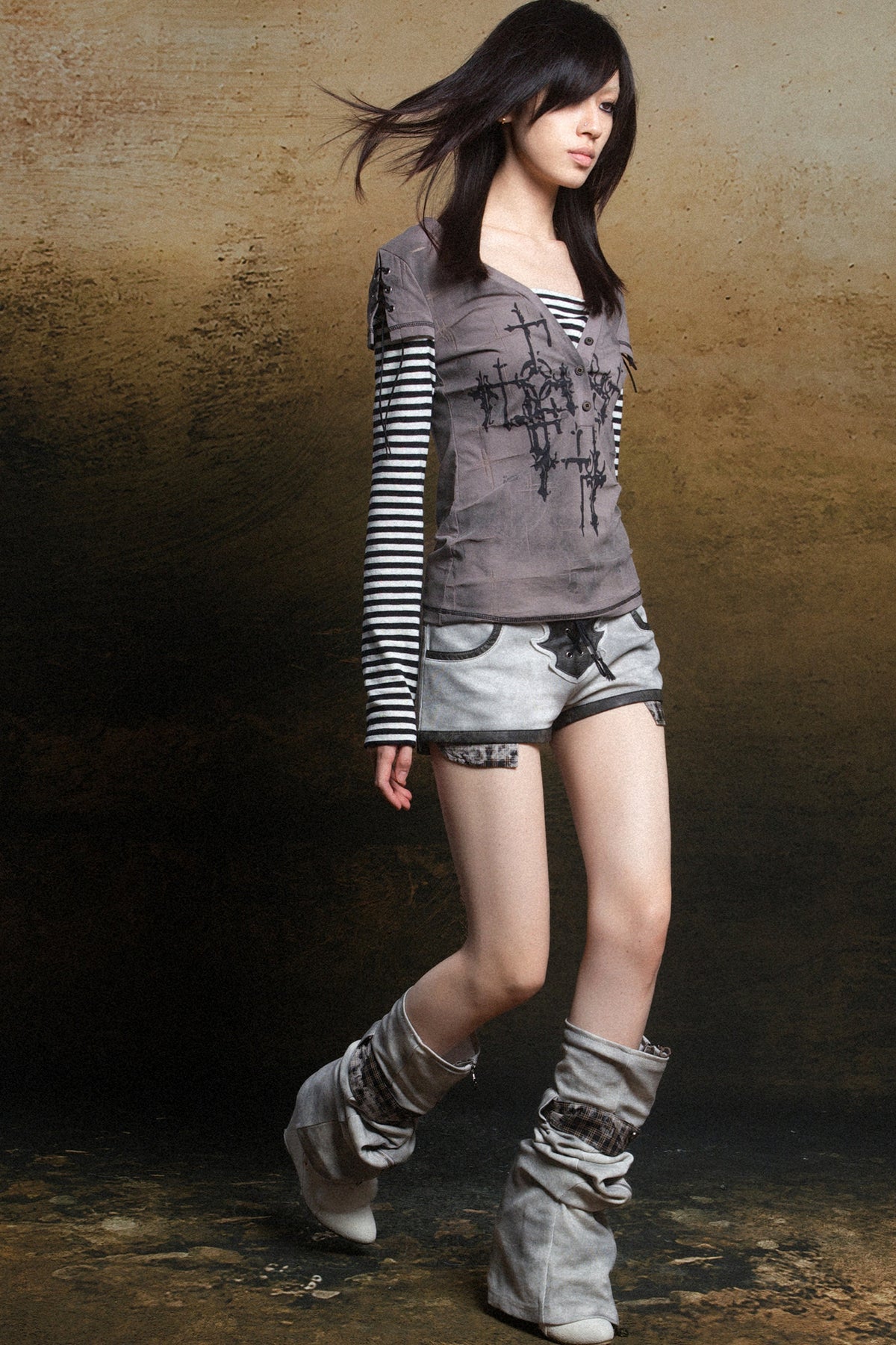 Cross Print Layered-Look V-Neck T-Shirt
