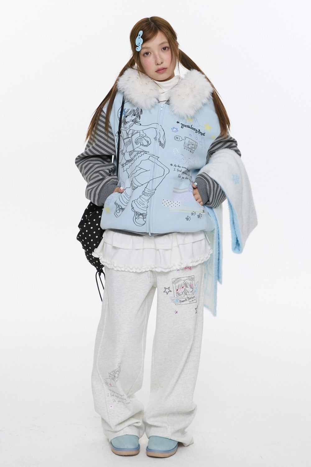 Striped Raglan Fur Collar Jacket