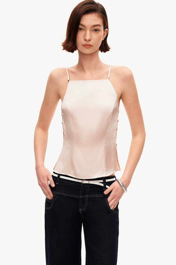 Pink Satin Hollow-Out Tank Top