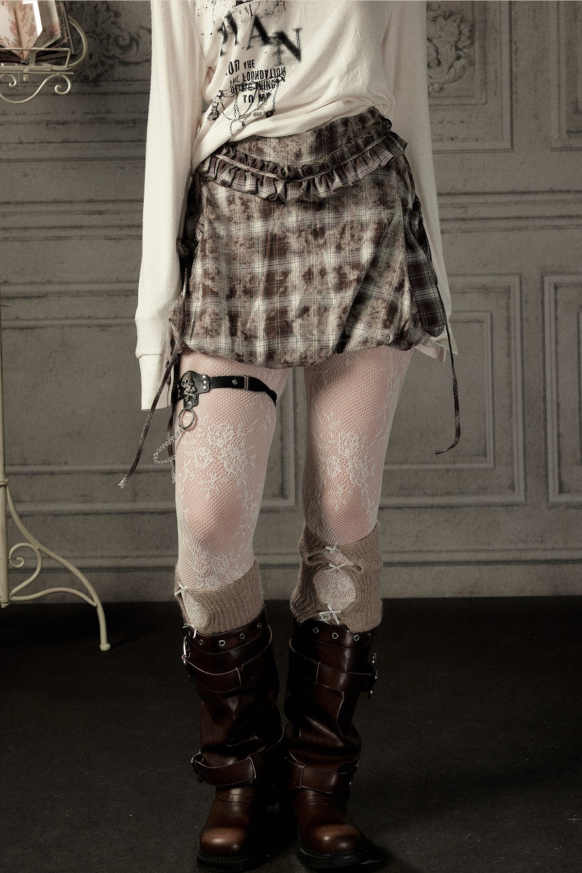 High-Waisted Coffee Plaid Ruffle Tie Skirt