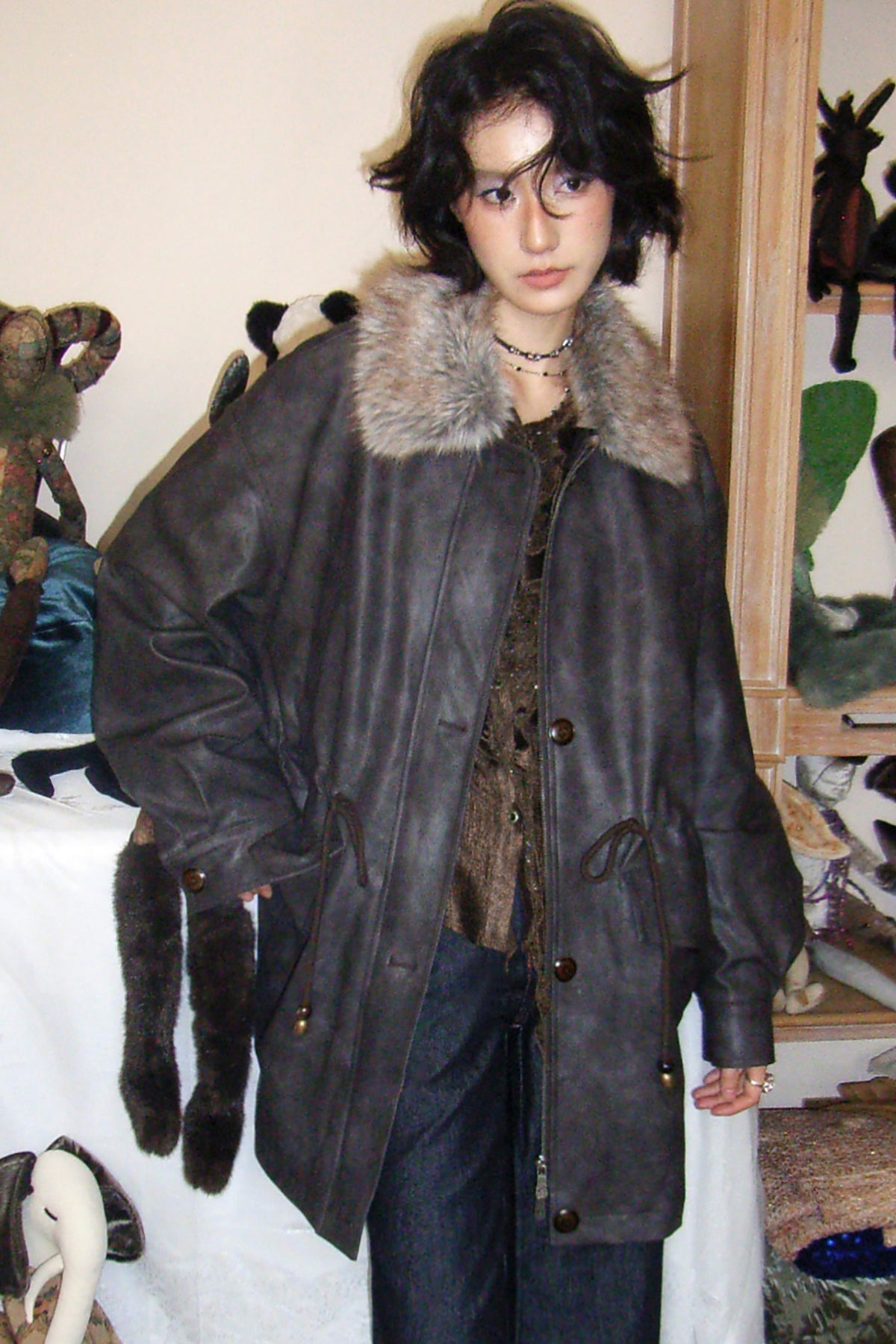 Fleece-Lined Detachable Fur Collar Leather Jacket