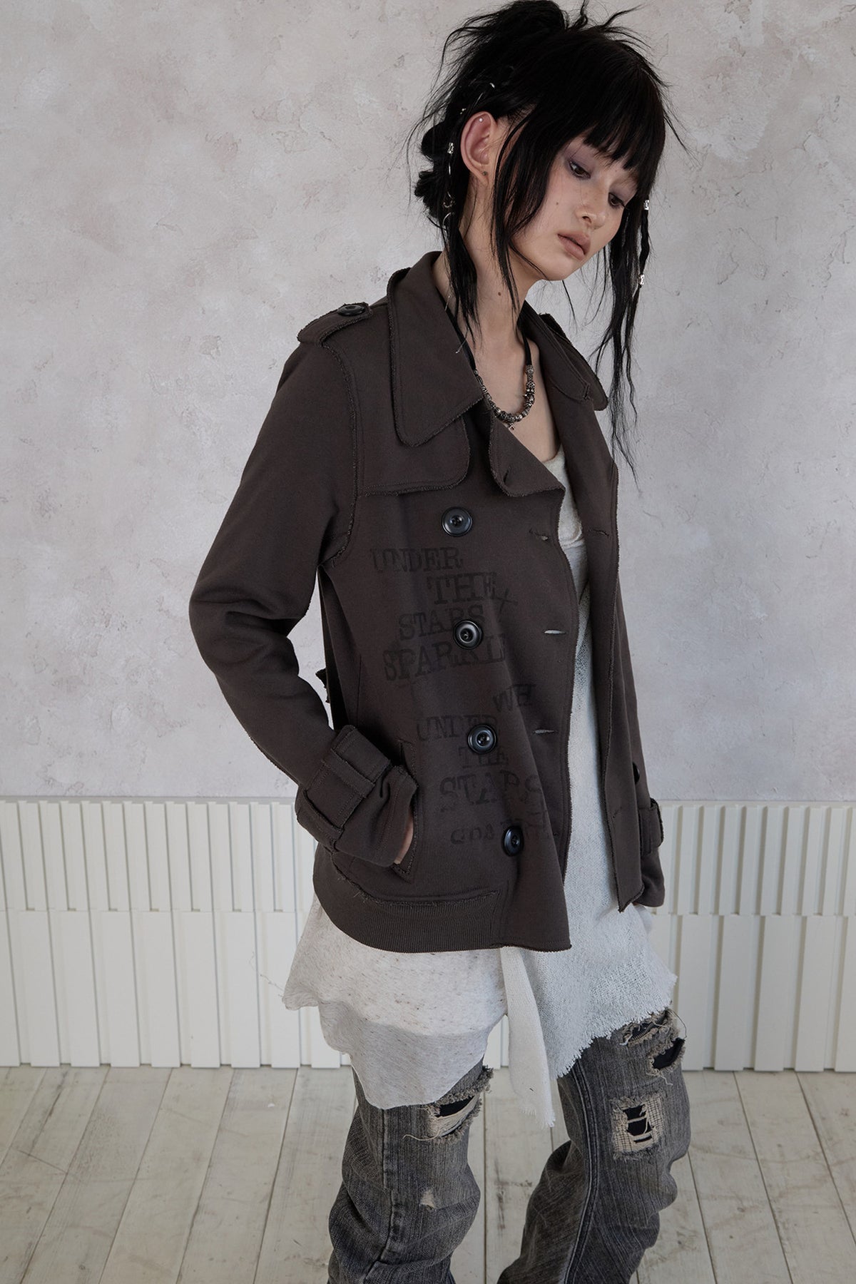 Trench Style Printed Unhemmed Double-Breasted Jacket