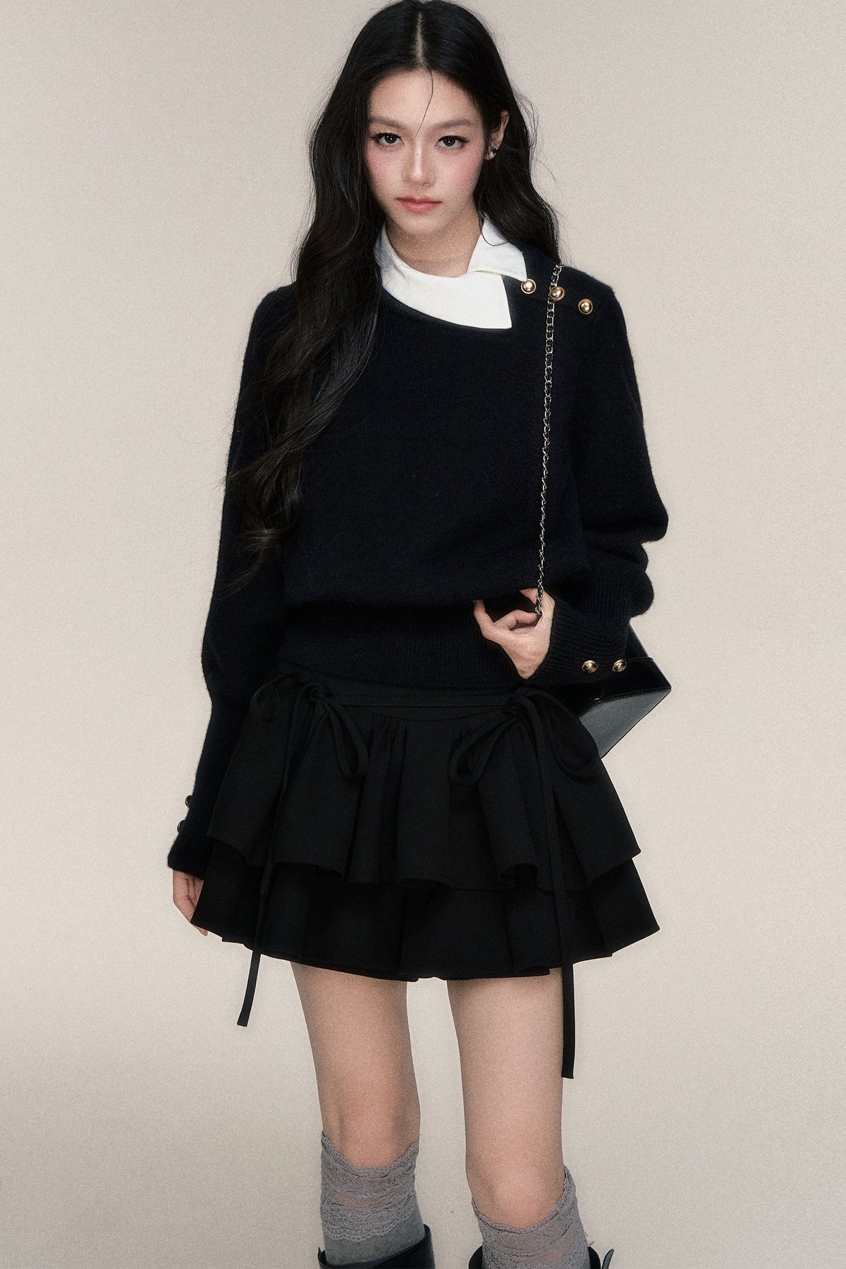 Black White Contrast Knit Top and Skirt Set-Up