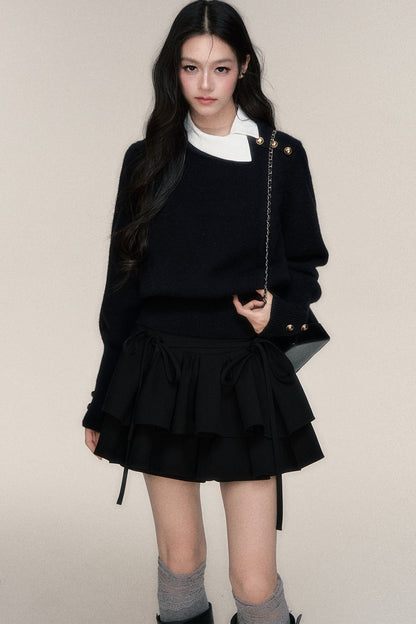 Black White Contrast Knit Top and Skirt Set-Up