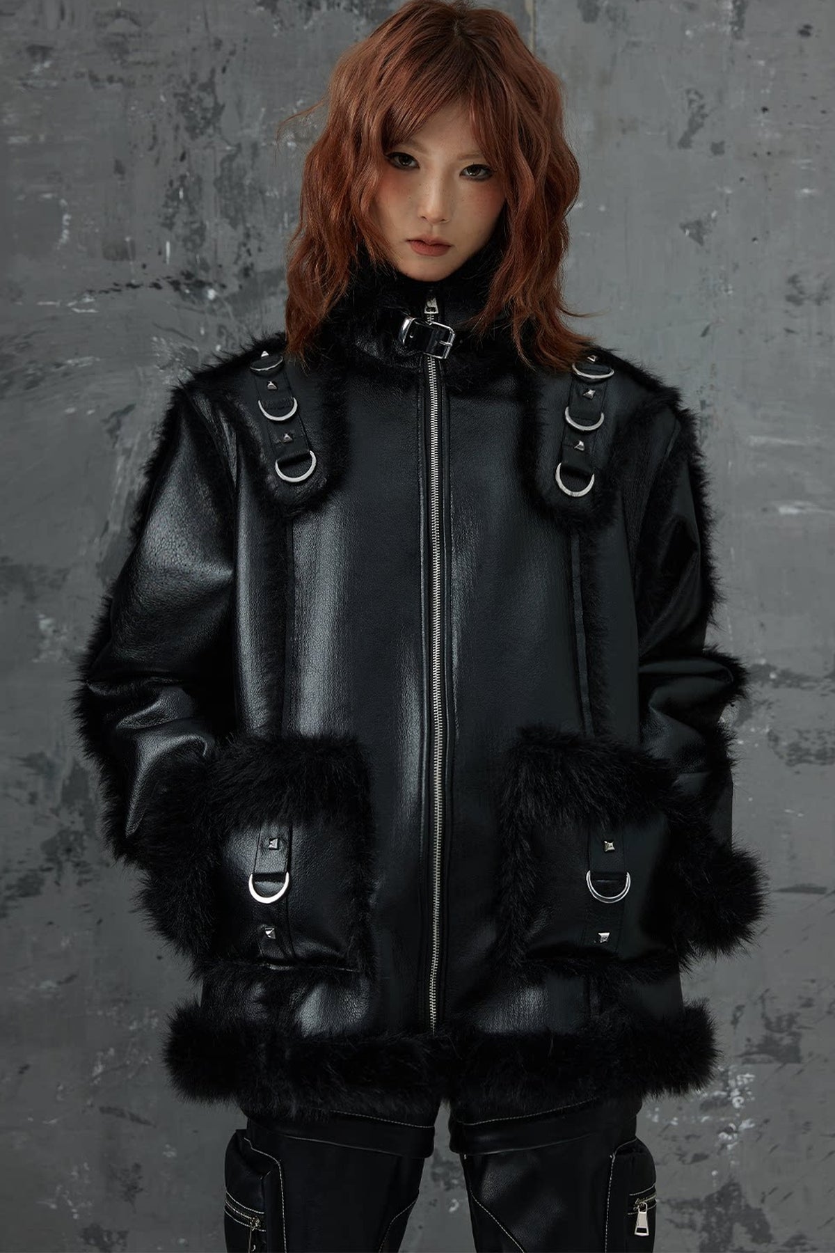 Dark Punk Metal Leather Fur Jacket