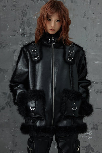 Dark Punk Metal Leather Fur Jacket
