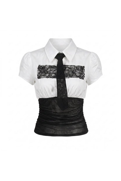 White Lace Panel Tie Shirt