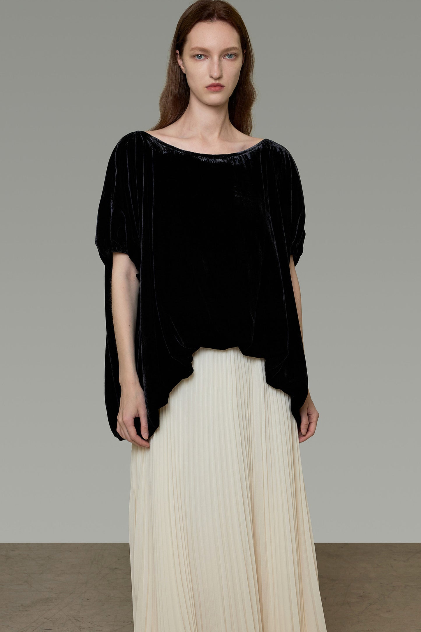 Black Velvet Top And Pleated Skirt Set