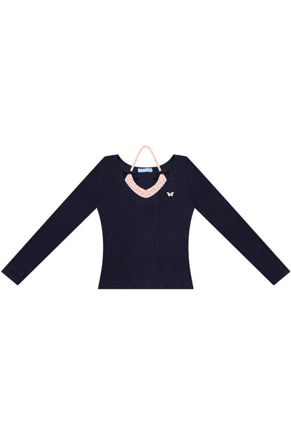 Top a maglia a maniche lunghe con farfalle e pois