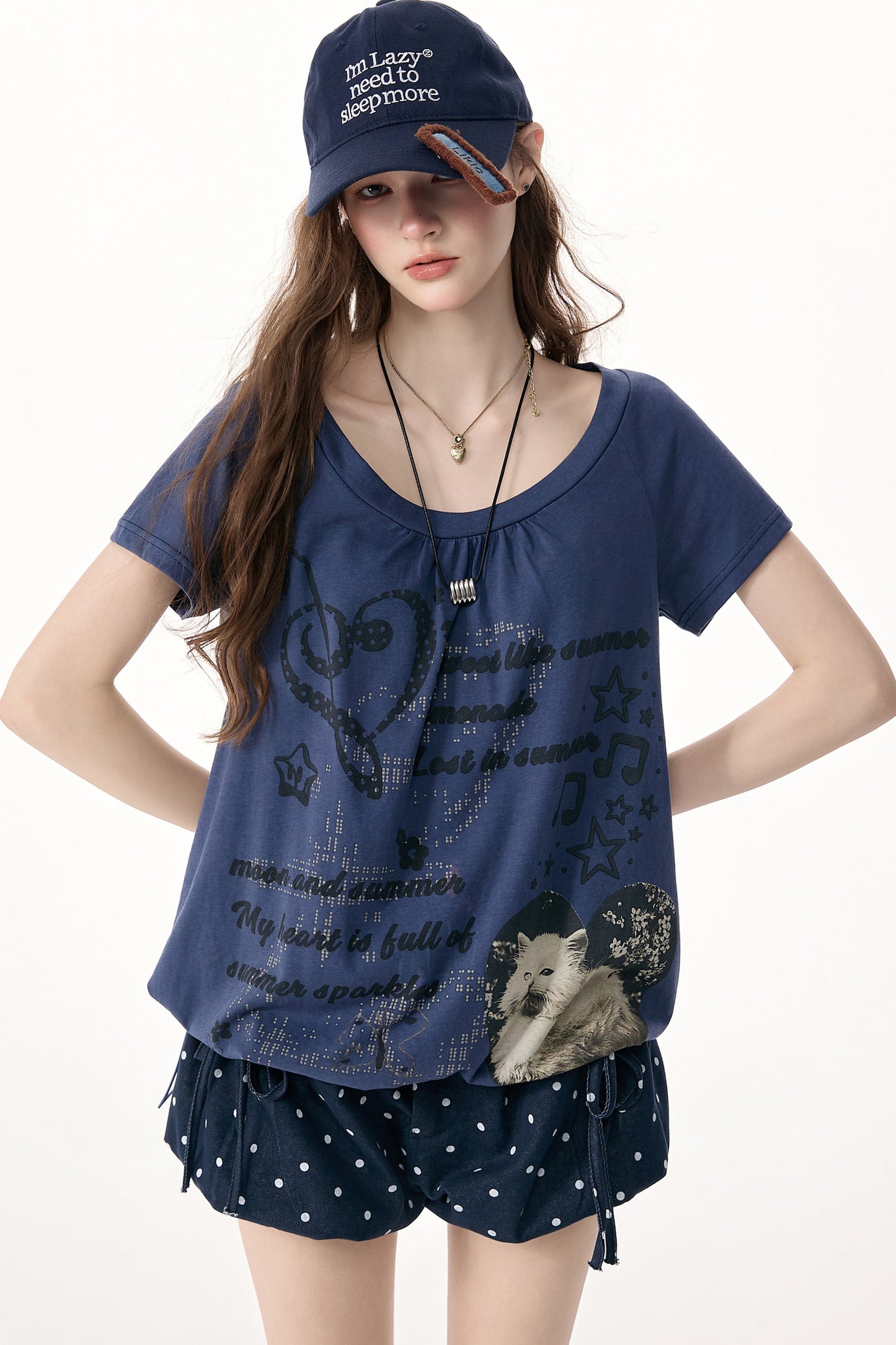 Cat Print Drawstring Short Sleeve T-Shirt