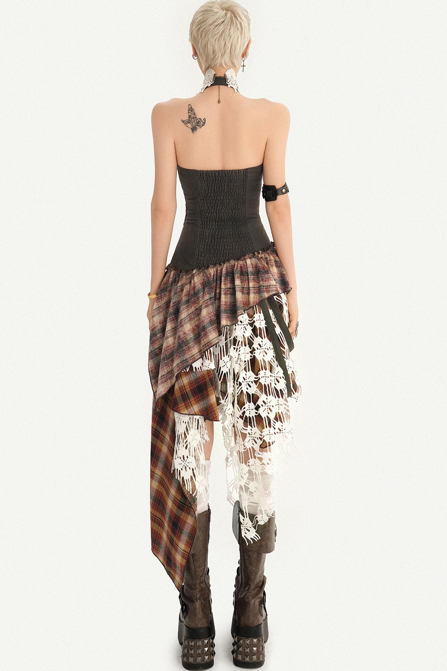 Irregular Plaid Lace Halter Dress