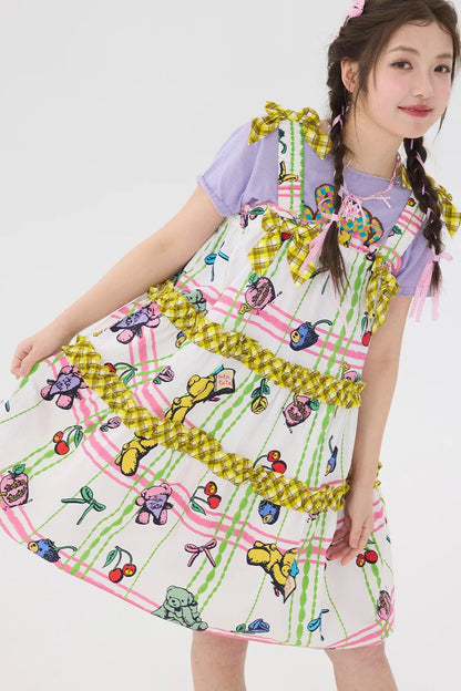 Robe salopette à carreaux avec ours