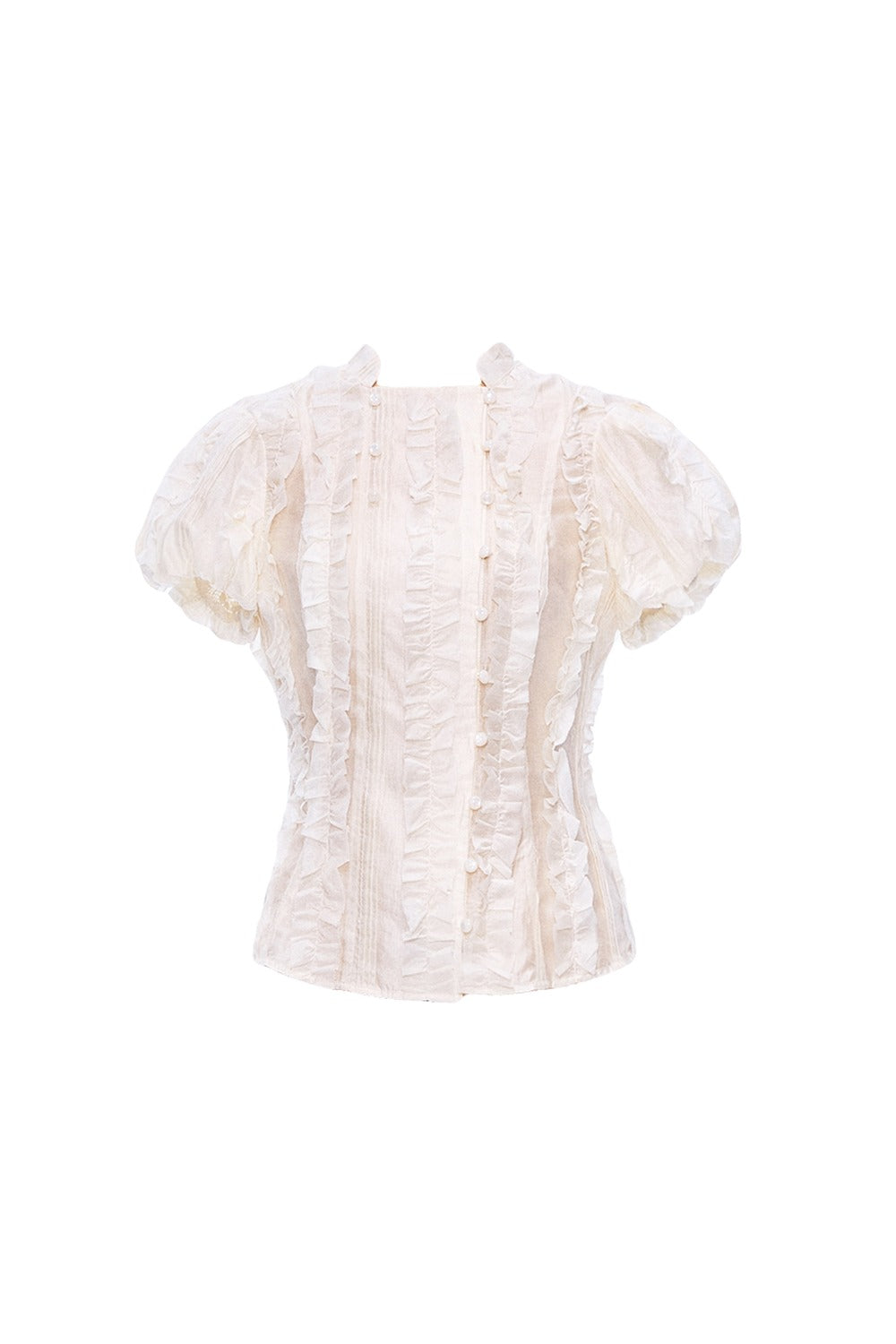 Beige Jacquard Puff Sleeve Blouse