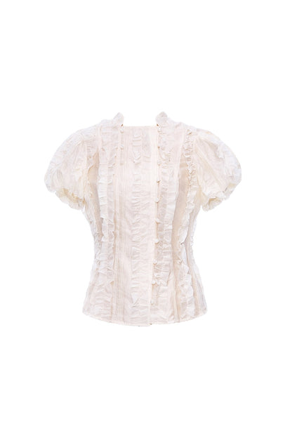 Beige Jacquard Puff Sleeve Blouse
