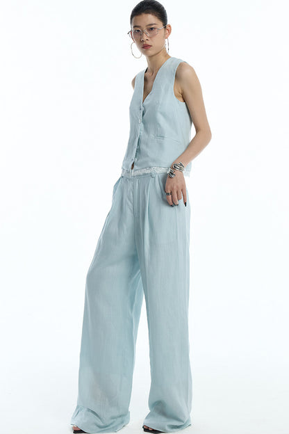 Mint Green Lyocell Cotton Linen Lace Vest and Pants Set-Up