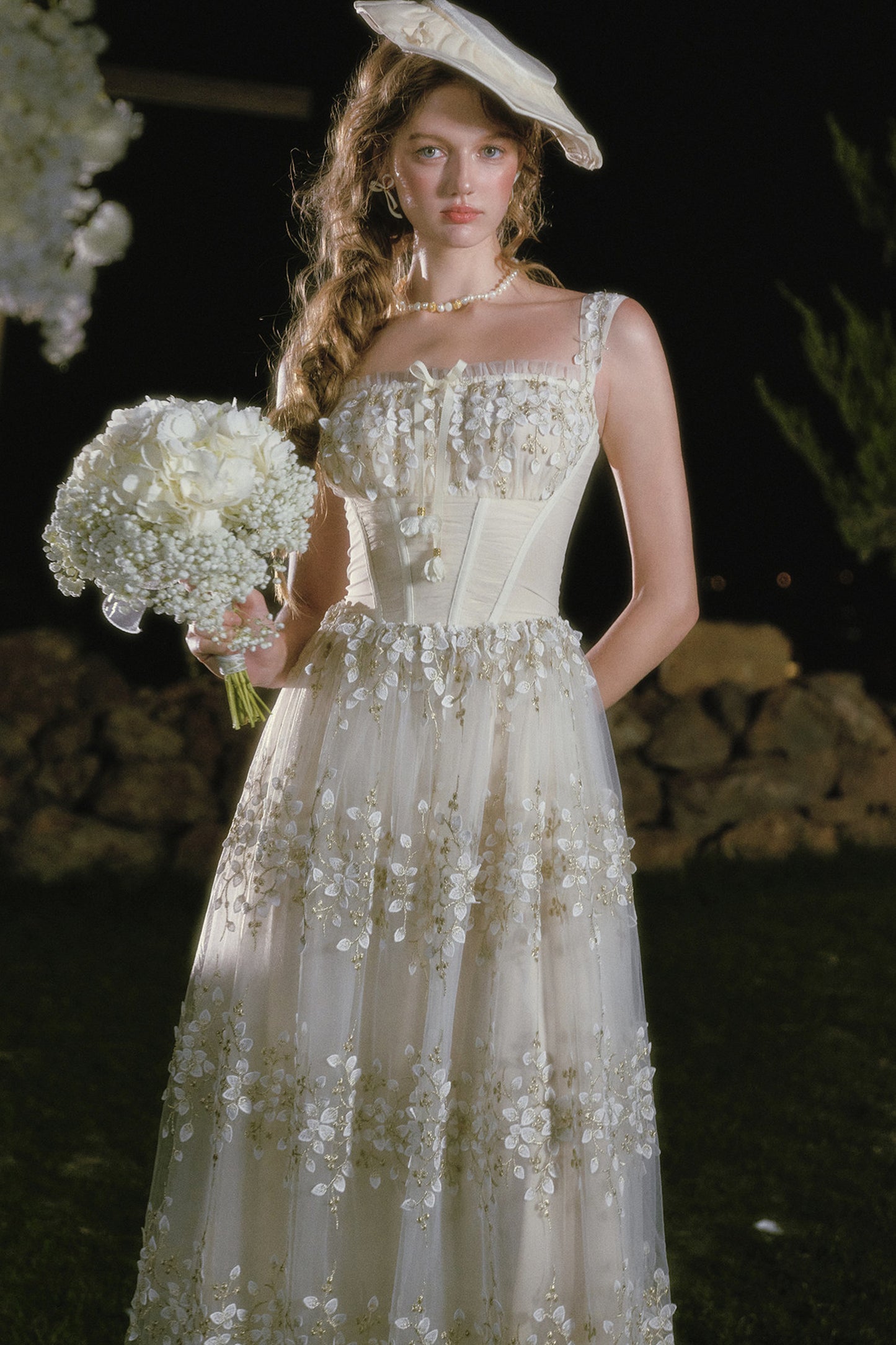 Embroidery Fishbone Strap Long Dress