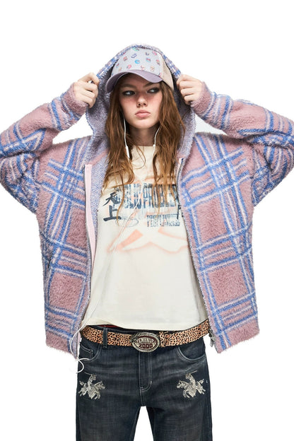 Gradient Plaid Faux Mink Cardigan