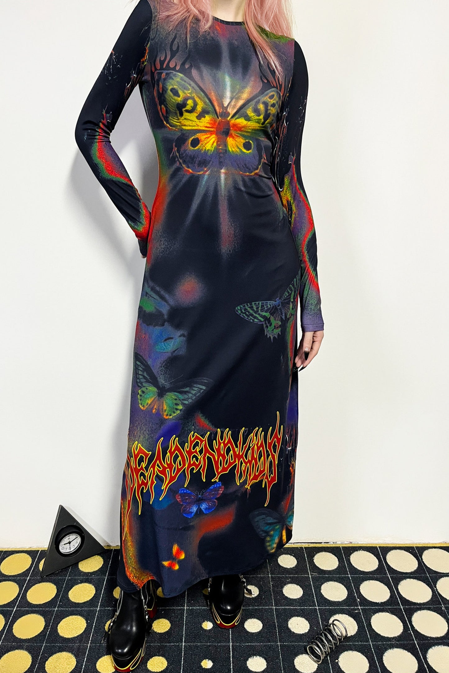 Butterfly Print Flame Long-Sleeved Dress