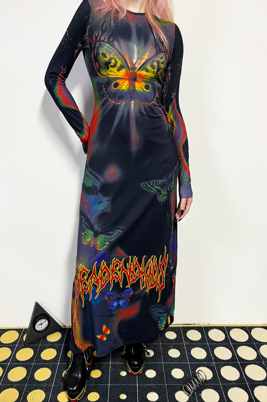 Butterfly Print Flame Long-Sleeved Dress