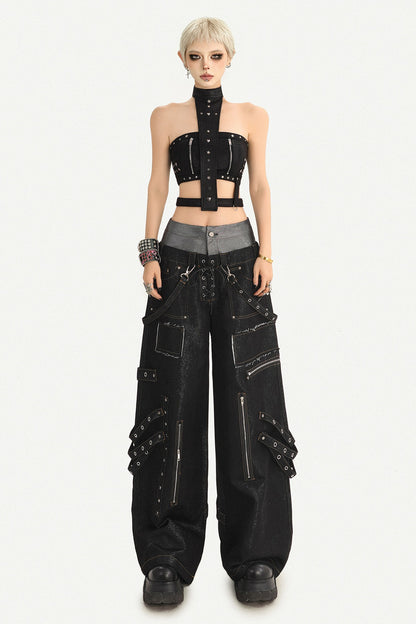 Rivet Zipper Halter Tube Top