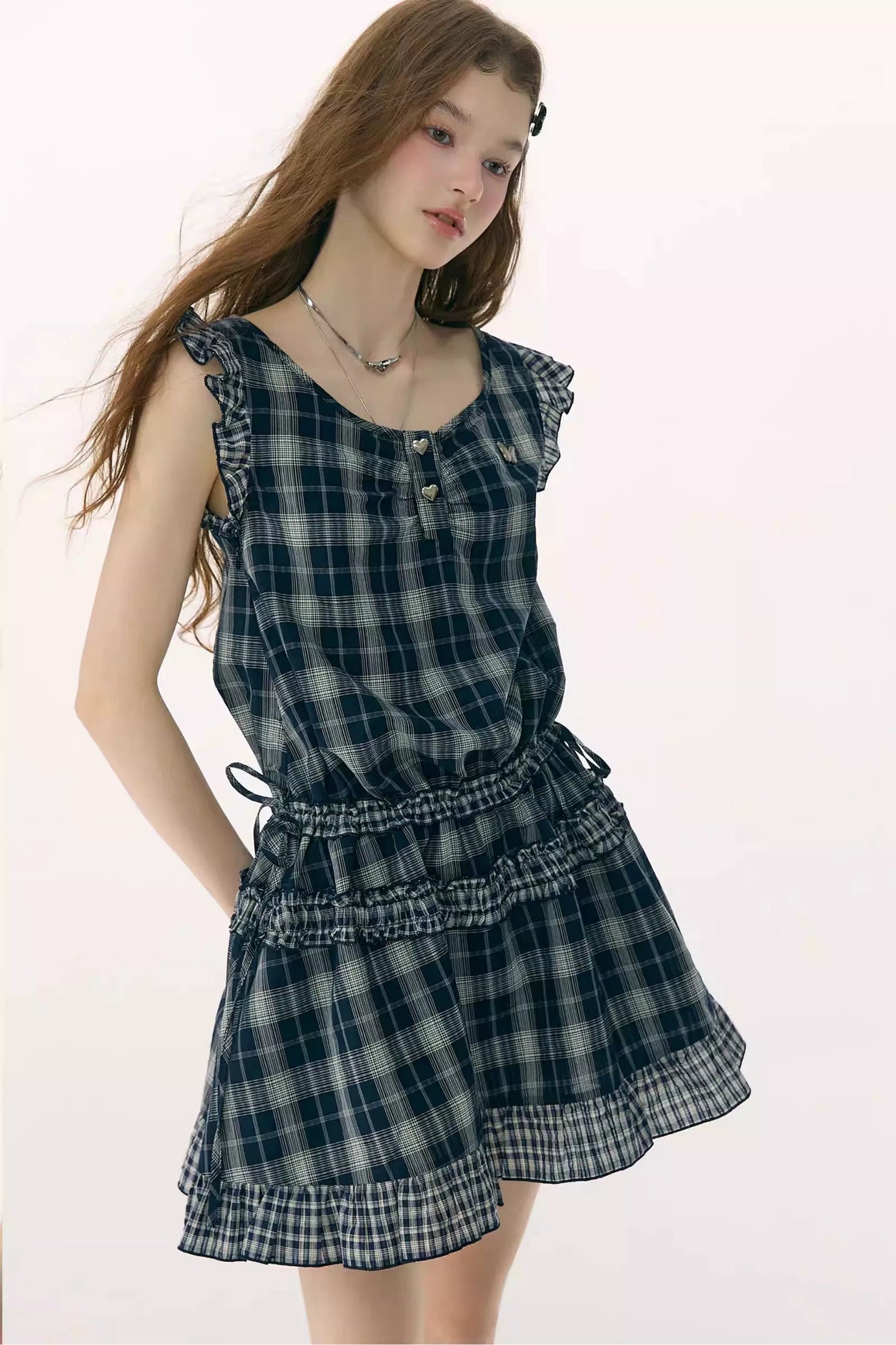 Dark Blue Plaid Flutter-Sleeve Dress