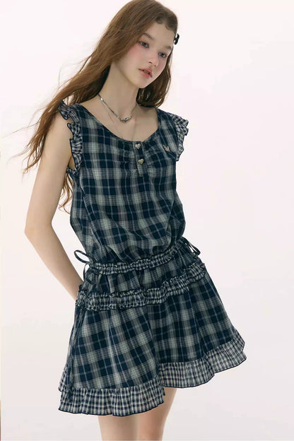 Dark Blue Plaid Flutter-Sleeve Dress
