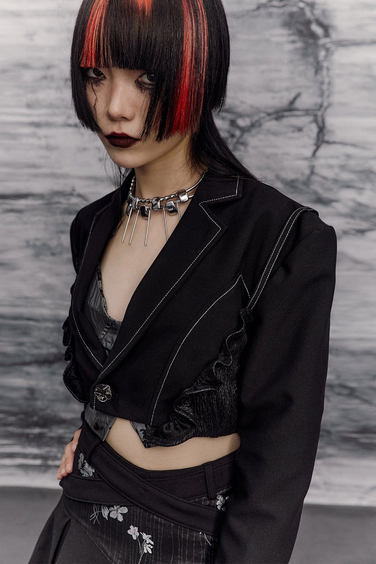 Dark Slimming Patchwork Lapel Jacket Set