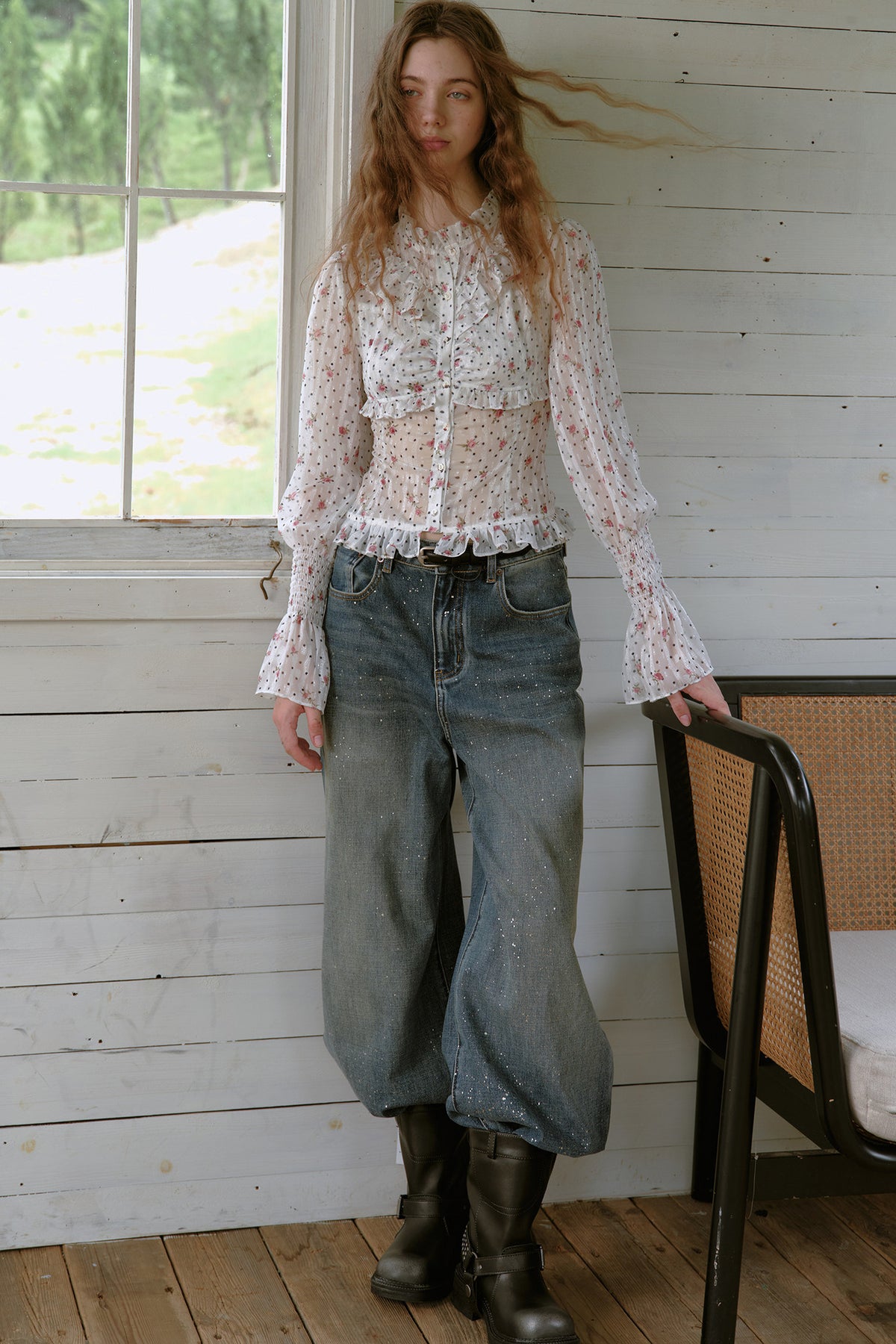 Ruffled Polka Dot Floral Blouse