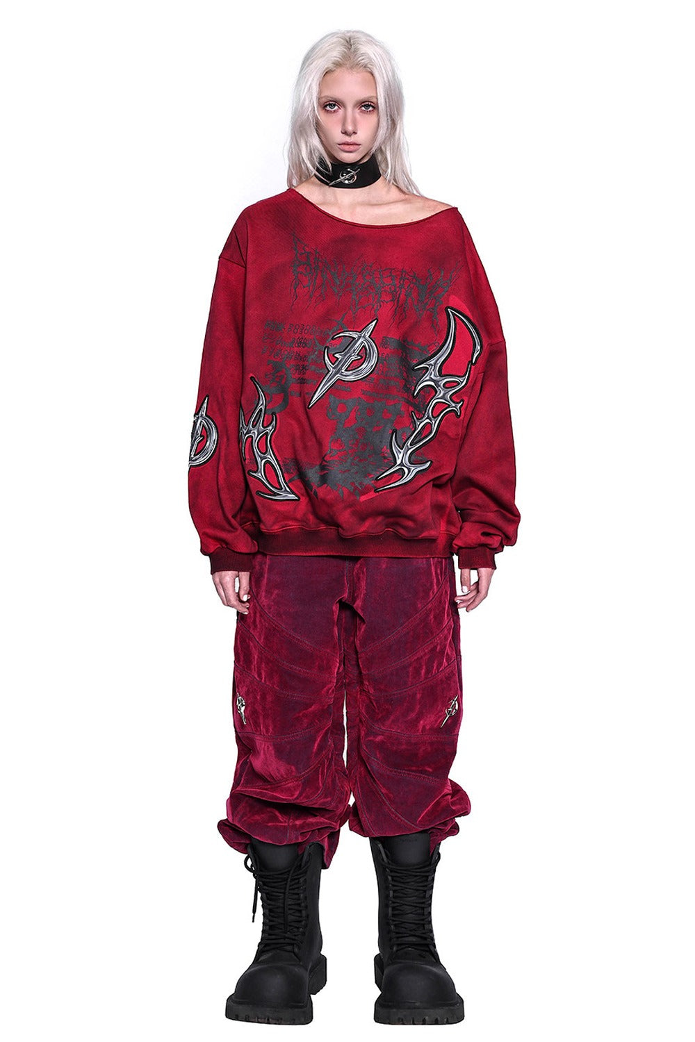 3D Embroidery Off-Shoulder Distressed Print Sweatshirt
