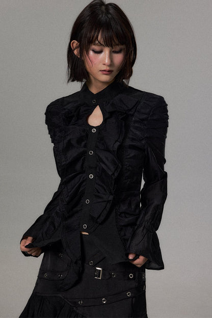 Asymmetrical Ruffle Pleated Patchwork Shirt