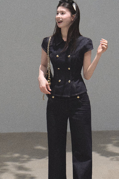 Retro Denim Waist-Cinching Dress Set-Up
