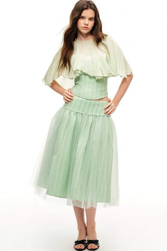 Mint Green Stripe Lyocell Cape and Tulle Skirt Set-Up
