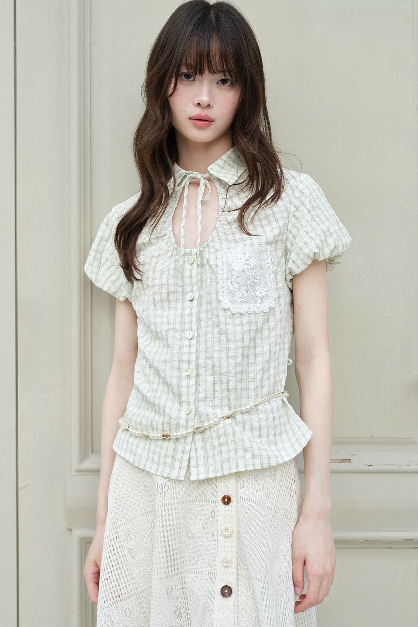 Light Green Plaid Hollow-Out Short-Sleeve Shirt