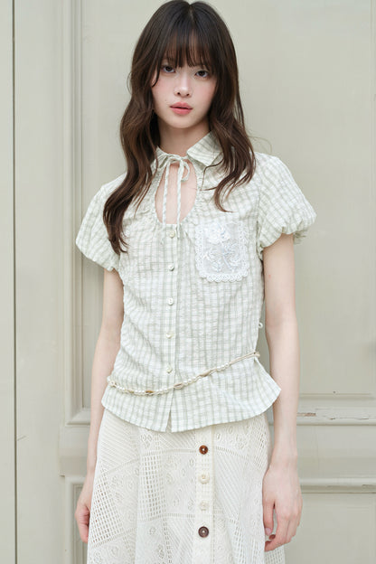 Light Green Plaid Hollow-Out Short-Sleeve Shirt