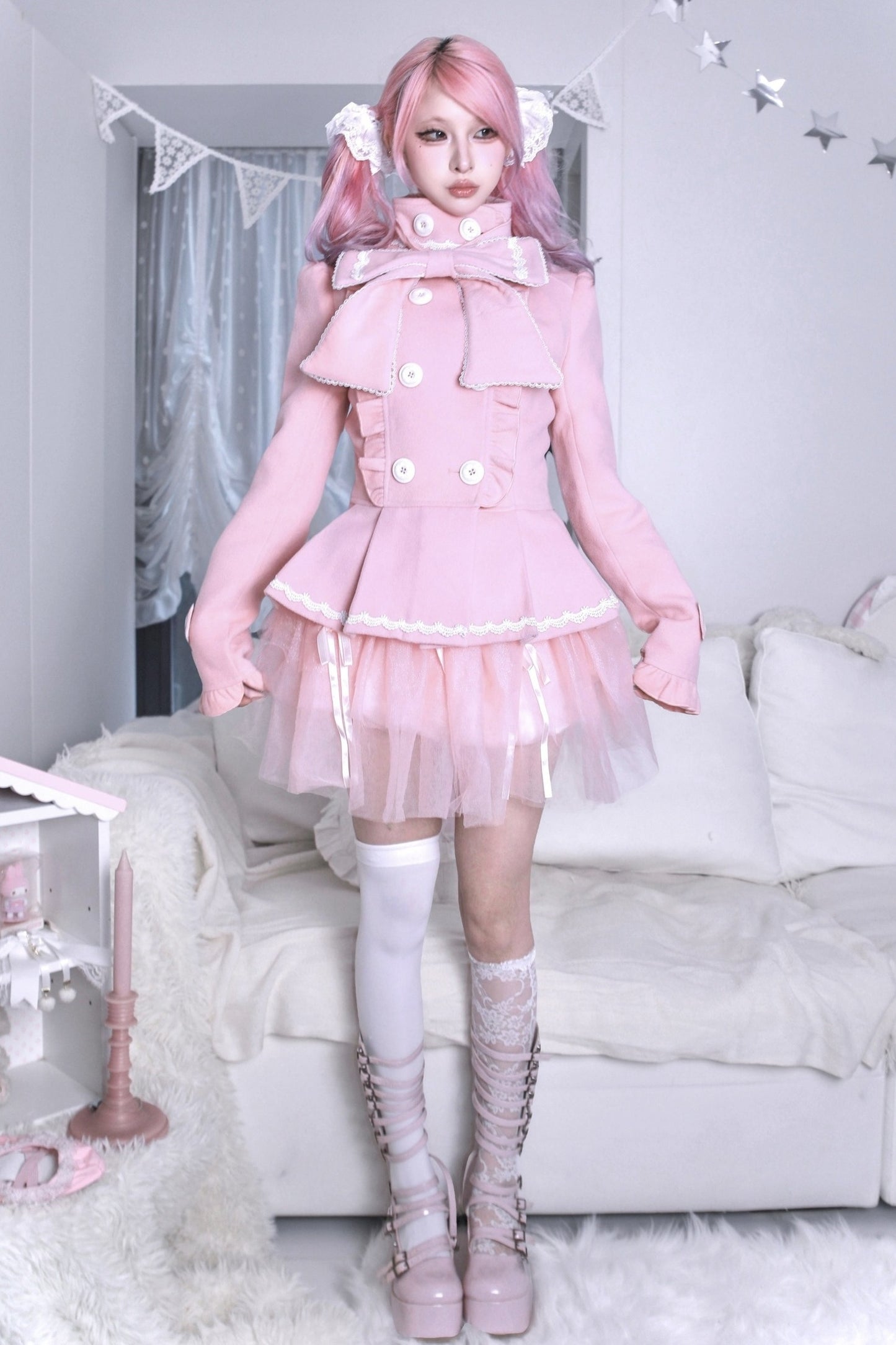 Detachable Bow Woolen Coat and Dress Set