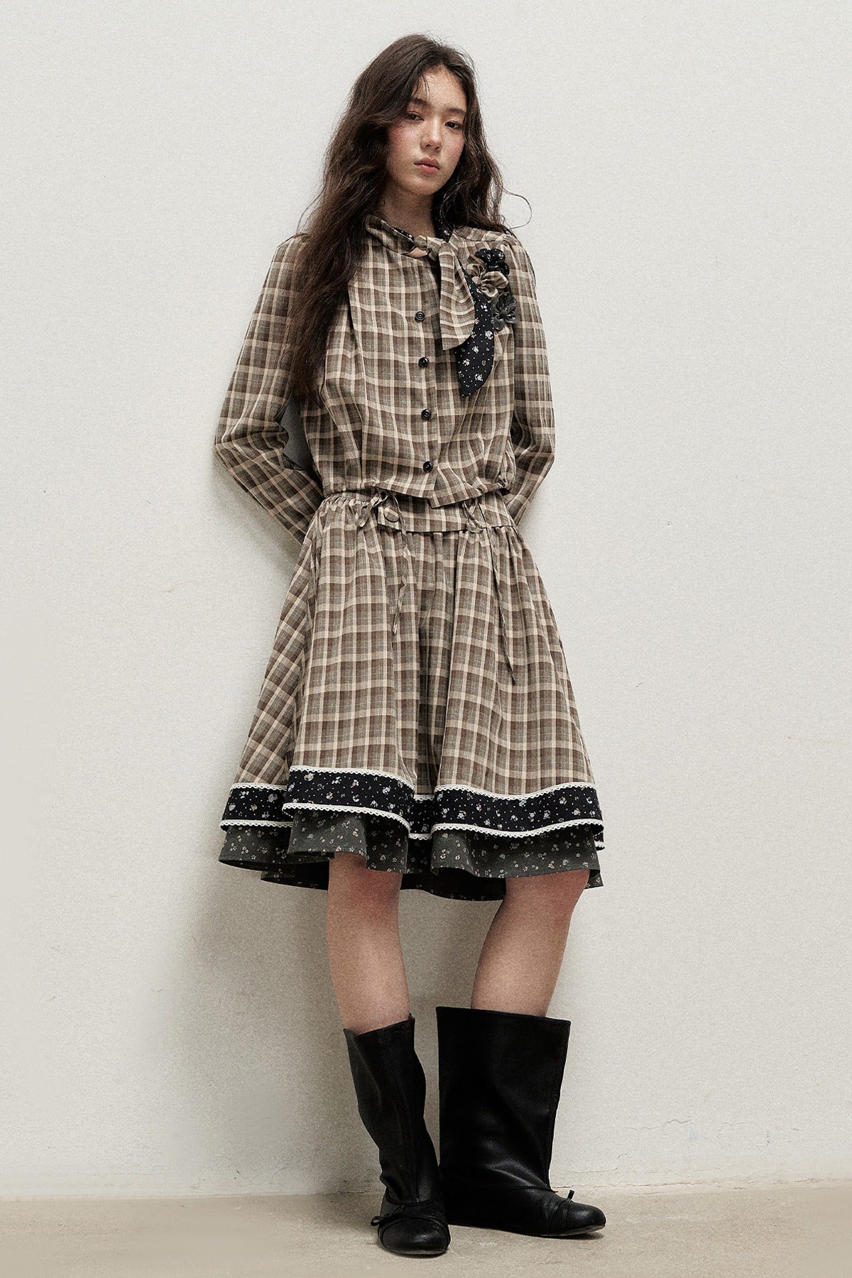 Plaid Contrast Ribbon Shirt and Skirt Set-Up