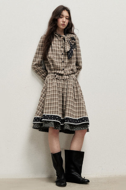 Plaid Contrast Ribbon Shirt and Skirt Set-Up