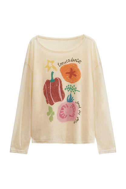 Long-Sleeve Fruit Vegetable Dog Print T-Shirt Set-Up