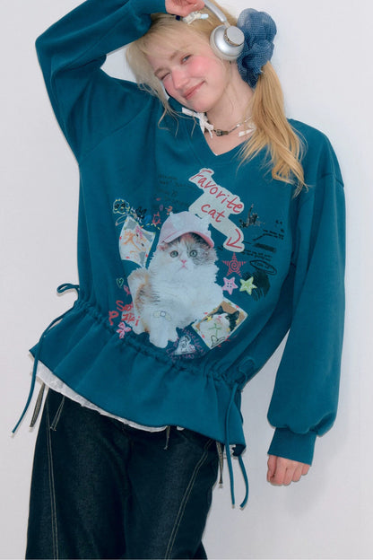 Cat Print V-Neck Sweatshirt