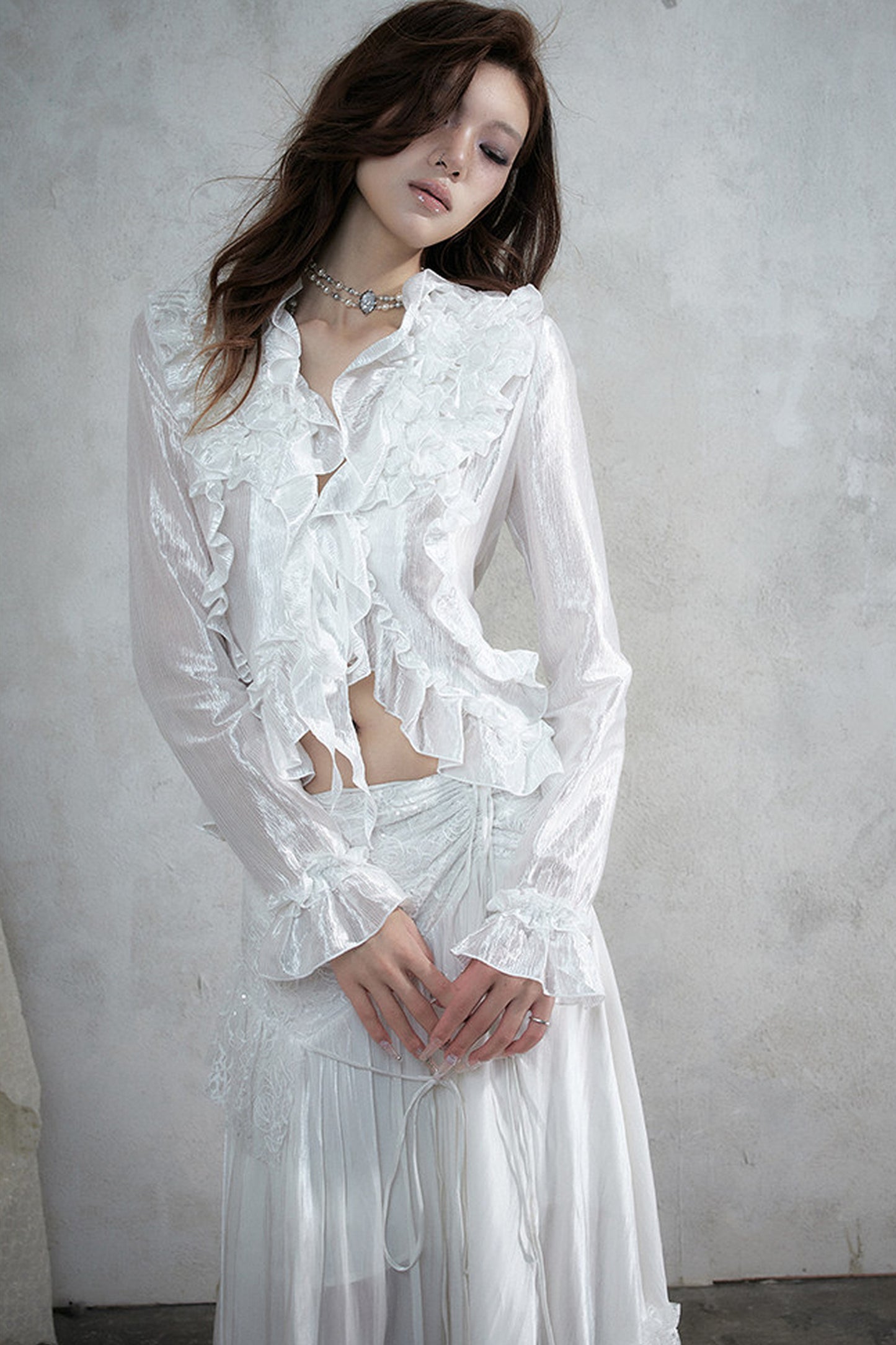 Ruffle Trim Tie Waist Long-Sleeved Blouse