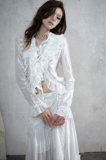 Ruffle Trim Tie Waist Long-Sleeved Blouse