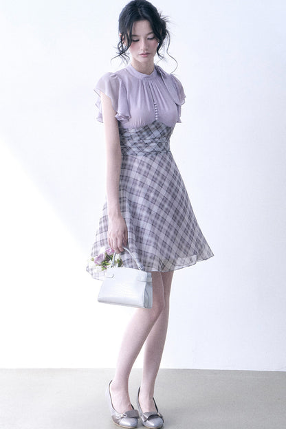 Lavender Plaid Flutter Sleeve Dress